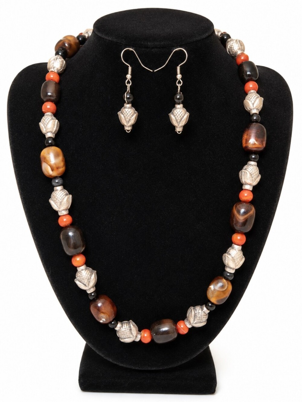 Lobster Clasp Beaded Necklace & Fish Hook Earrings Set | Earth Tone Tribal Boho